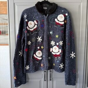 Designers Original Studio Ho Ho Ho Skating Santa Faux Fur Zip Cardigan, Blue,‎ L